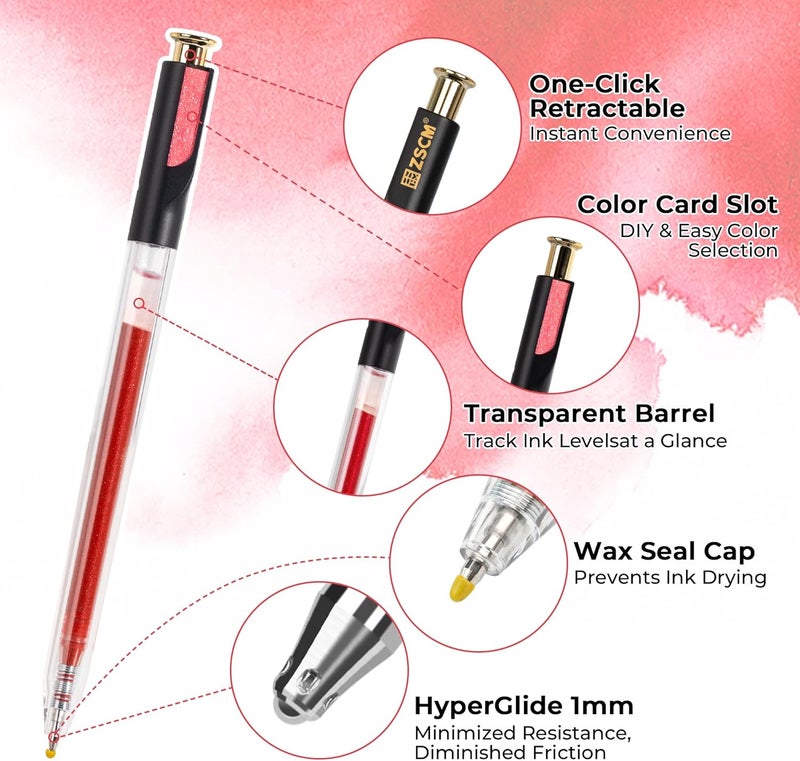 ZSCM Retractable Glitter Gel Pens, 12 Colors Large Capacity Red Pink Glitter Metallic Gel Ink Pens, 1 mm Fine Point Smooth Writing Color Pens for Adult Coloring Book Note Taking Aesthetic Art Supplies - Image 2